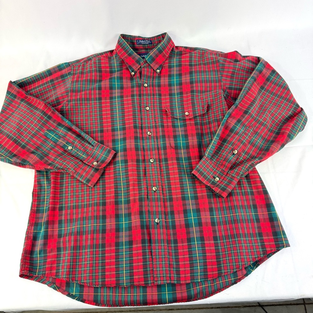 Men’s Vintage Foxhunt Plaid Gant red & green tartan cotton casual button down XL